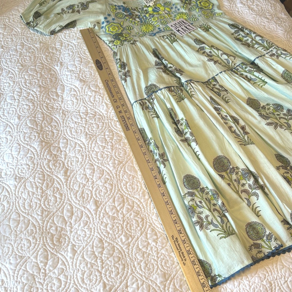NWT Sister Mary Arianna Cottage Green Floral Hand Embroidered Cotton Mid Dress M - Picture 7 of 9